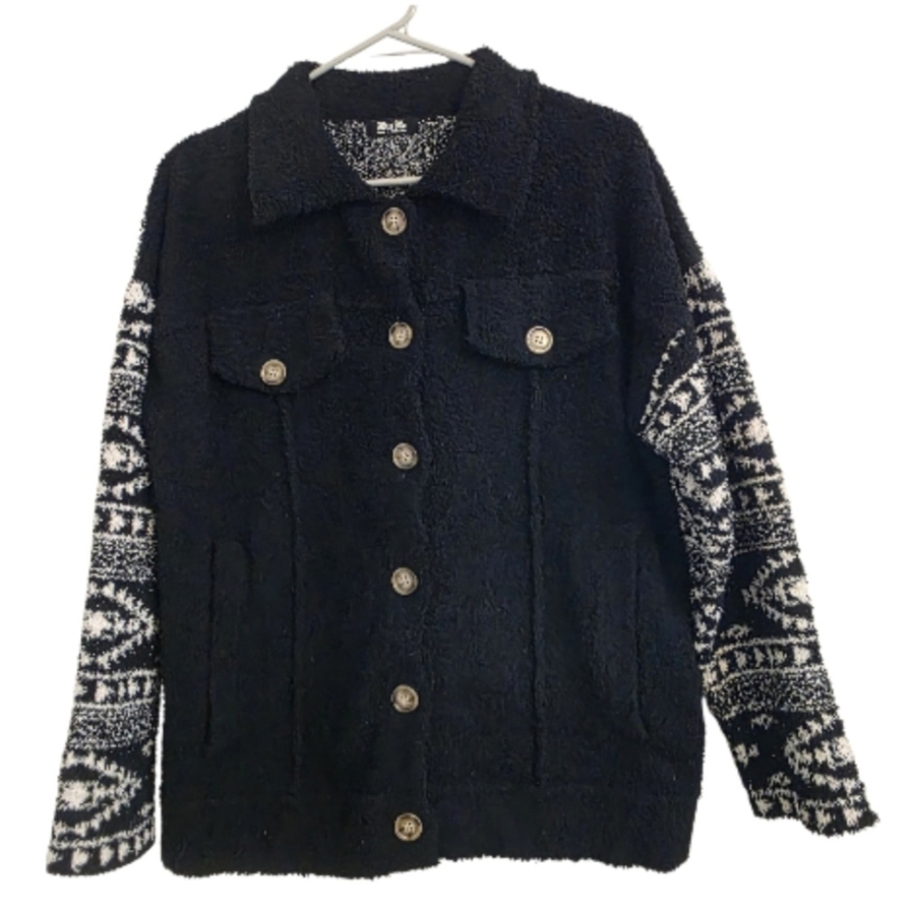 Miss Me Wubby Printed Jacket Black Cream Button Down Soft Fuzzy Shaket Size S